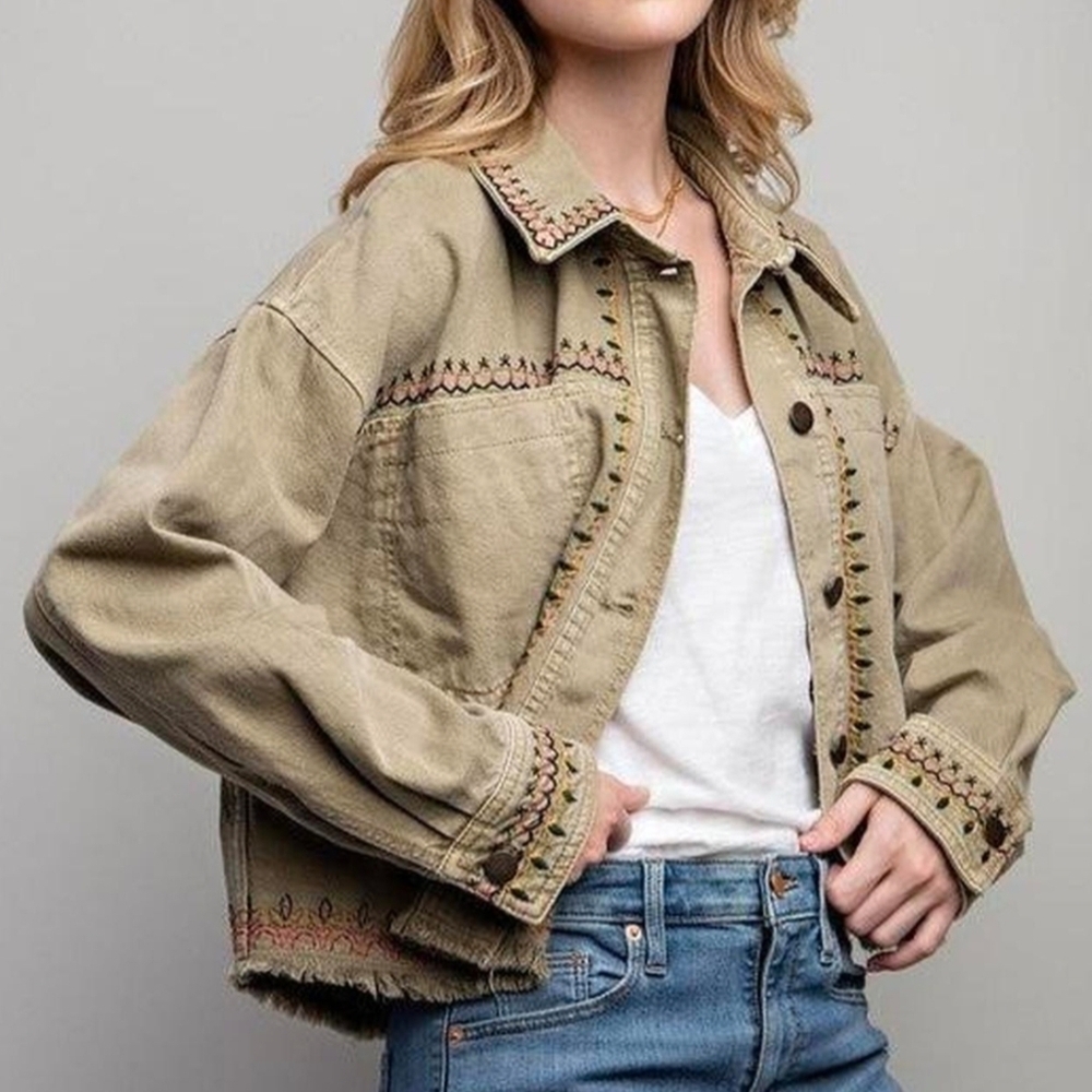 Vintage Western Embroidered Fringe Cropped Denim Over Shirt Jacket In Green